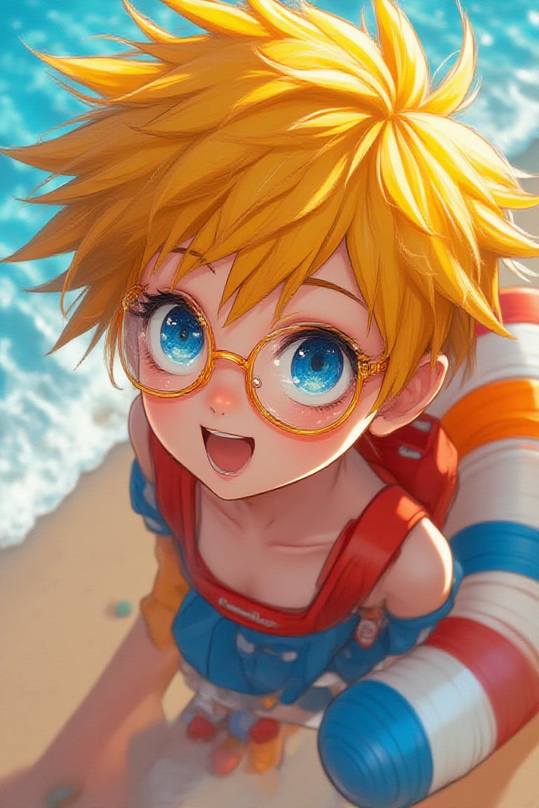 A close-up shot of a anime girl with a  bright expression,  She wears orange coloured clear glasses, with detailed facial features and sharp lines defining her face,soft make up,  surprise-themed female 
short spiky golden hair that stands on
end, wide glowing blue eyes, wearing a
bright blue and red outfit  ,sneakers .Natural lighting .She is holding a colourful tube at a seashore with beautiful ocean landscapes. 
