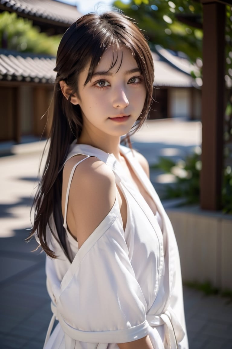 whole body,Japanese teenager girl, white kimono, bare shoulders, detailed eyes, natural lighting,best quality, professional lighting, super detailed, realistic, beautiful detailed face eyes,looking at viewer,smile,outdoor,standing,nfsw ,asian girl, downblouse