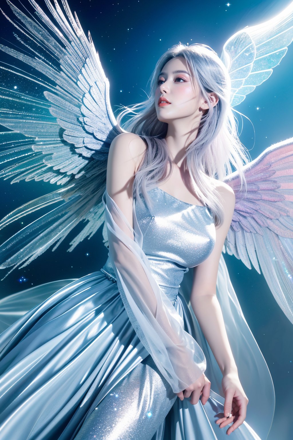 (masterpiece, best quality, CGI, official art:1.2), (stunning celestial being:1.3), (iridescent wings:1.4), shimmering silver hair, piercing sapphire eyes, gentle smile, (luminous aura:1.2), soft focus, whimsical atmosphere, serene emotion, dreamy tone, vibrant intensity, inspired by Hayao Miyazaki's style, ethereal aesthetic, pastel colors with (soft pink accents:1.1), warm mood, soft golden lighting, diagonal shot, looking up in wonder, surrounded by (delicate clouds:1.1) and (shimmering stardust:1.2),(big breasts:1.36), focal point on the being's face, intricate textures on wings and clothes, highly realistic fabric texture, atmospheric mist effect, high image complexity, detailed environment, subtle movement of wings, dynamic energy.,Xyunxiao