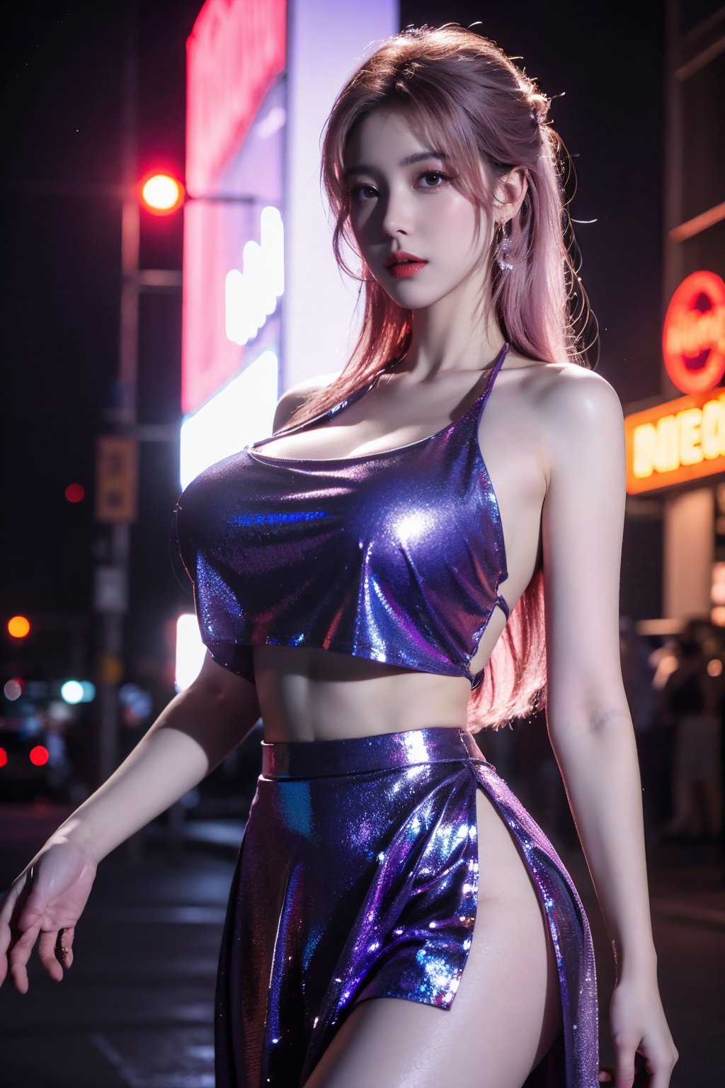 (masterpiece, best quality:1.3),Nights,( parties:1.3), (neon lights:1.4),( lively:1.3), glowing earrings, realistic, pub,1girl, solo, looking at viewer, (Holographic light purple dress:1.29),realistic, midriff, bare shoulders, standting, hair ornament, pink hair, jewelry, brown hair, parted lips, Pleated Skirt, purple skirt, cowboy shot,Xyunxiao, ,(huge breasts:1.5), 