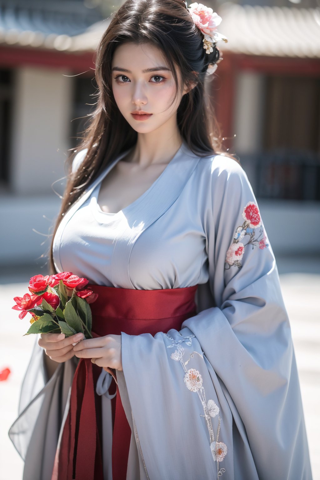 fenmo, fense, 1girl, black hair, flower, hair ornament, realistic, holding, hair flower, blurry, holding flower, chinese clothes, looking at viewer, hanfu, black eyes, basket, blurry background,hanfu,cho girl,(big breasts:1.5),gufeng,embroidered flower patterns