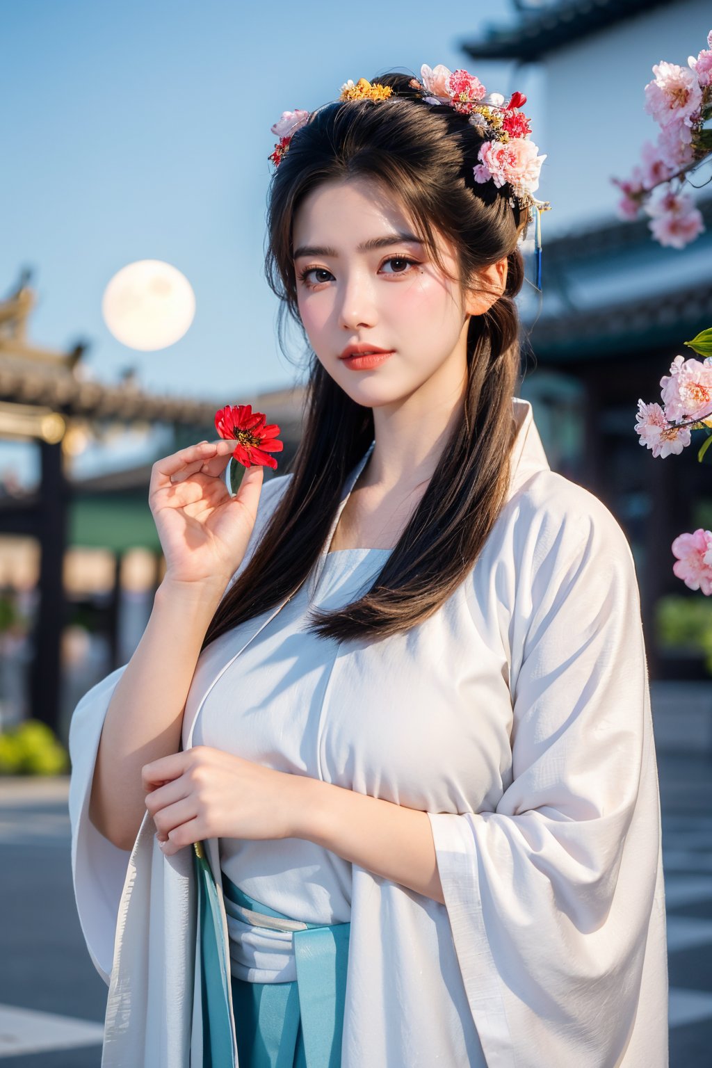  (masterpiece, best quality:1.3), 1girl, black hair, flower, hair ornament, realistic, holding, hair flower, blurry, holding flower, chinese clothes, looking at viewer, hanfu, black eyes, basket, blurry background,(red hanfu:1.39),(big breasts:1.63),(full moon:1.29)