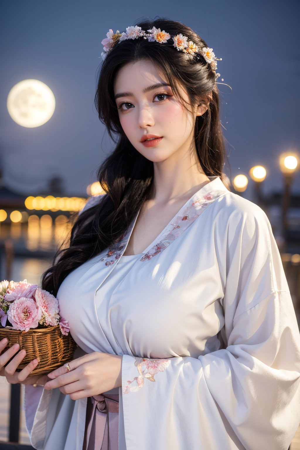  (masterpiece, best quality:1.3), 1girl, black hair, flower, hair ornament, realistic, holding, hair flower, blurry, holding flower, chinese clothes, looking at viewer, hanfu, black eyes, basket, blurry background,hanfu,cho girl,(big breasts:1.56),(full moon:1.23)