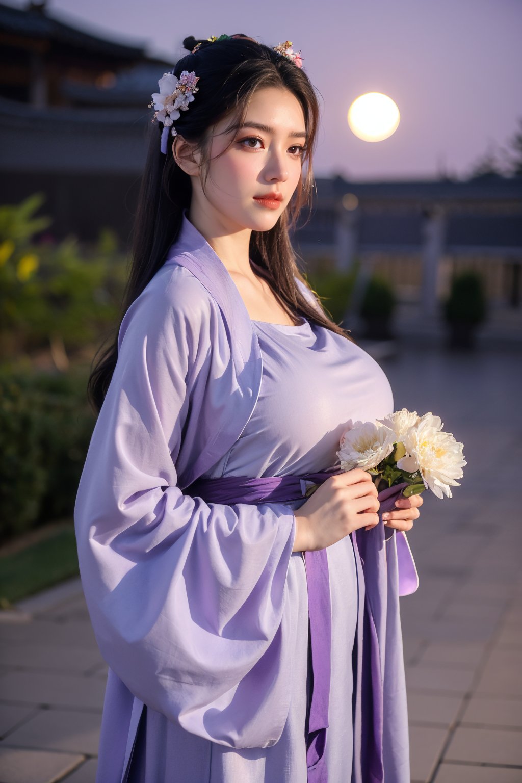  (masterpiece, best quality:1.3), 1girl, black hair, flower, hair ornament, realistic, holding, hair flower, blurry, holding flower, chinese clothes, looking at viewer, hanfu, black eyes, basket, blurry background,(light purple hanfu:1.29),(big breasts:1.56),(full moon:1.23)