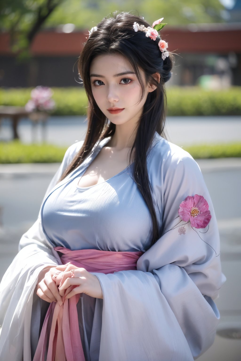 fenmo, fense, 1girl, black hair, flower, hair ornament, realistic, holding, hair flower, blurry, holding flower, chinese clothes, looking at viewer, hanfu, black eyes, basket, blurry background,hanfu,cho girl,(big breasts:1.53),gufeng,embroidered flower patterns