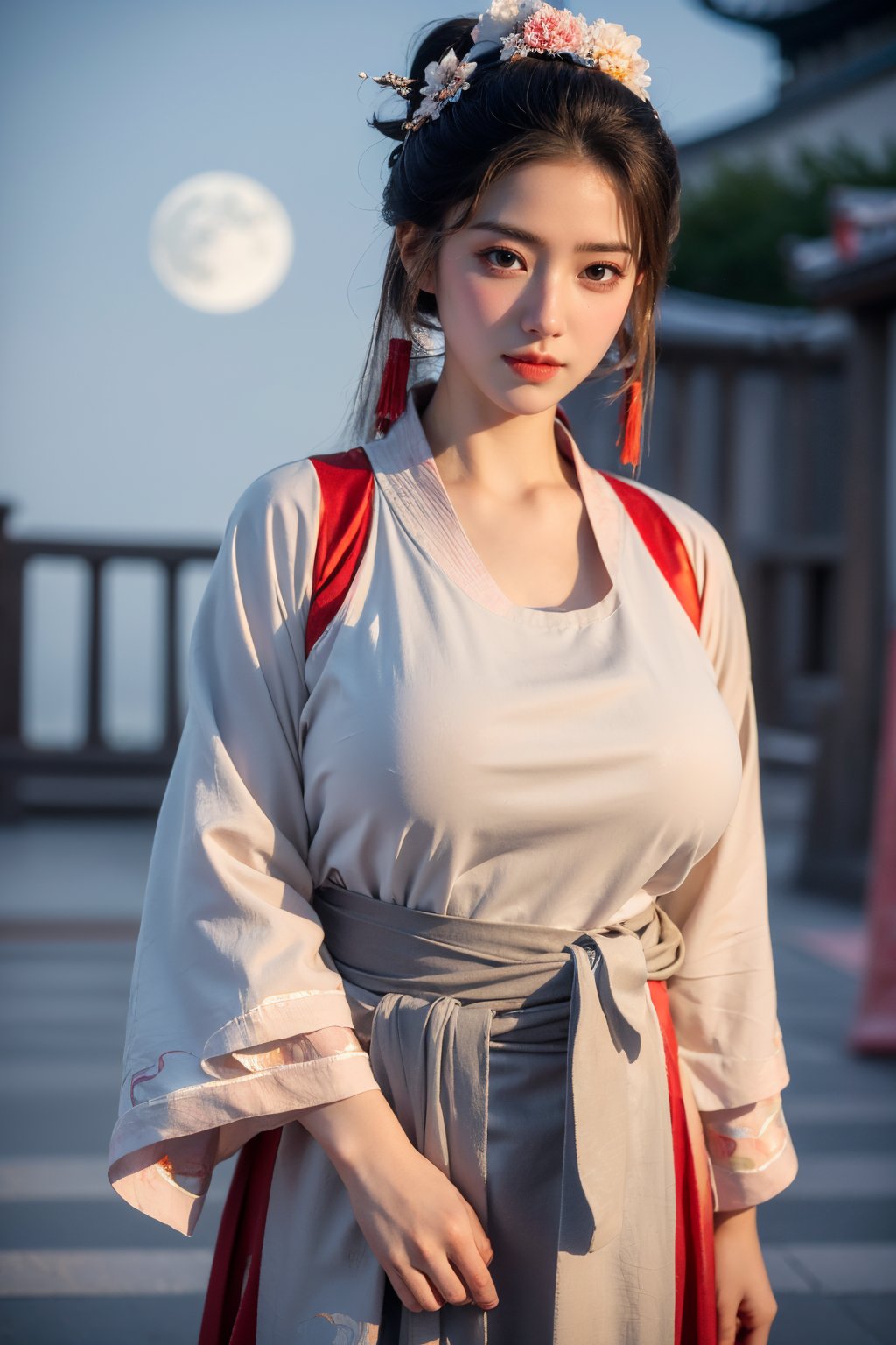  (masterpiece, best quality:1.3), 1girl, black hair, flower, hair ornament, realistic, holding, hair flower, blurry, holding flower, chinese clothes, looking at viewer, hanfu, black eyes, basket, blurry background,(red hanfu:1.5),(big breasts:1.63),(full moon:1.29)