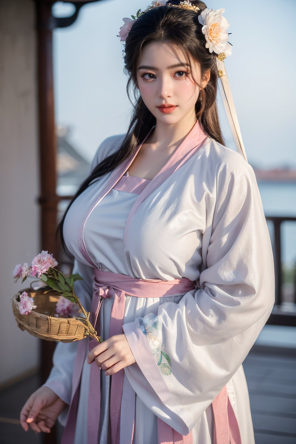  (masterpiece, best quality:1.3), 1girl, black hair, flower, hair ornament, realistic, holding, hair flower, blurry, holding flower, chinese clothes, looking at viewer, hanfu, black eyes, basket, blurry background,(white hanfu:1.29),(big breasts:1.56),(full moon:1.23)