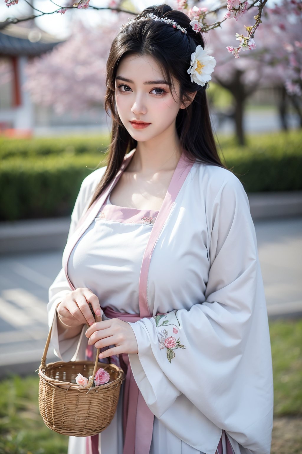 fenmo, fense, 1girl, black hair, flower, hair ornament, realistic, holding, hair flower, blurry, holding flower, chinese clothes, looking at viewer, hanfu, black eyes, basket, blurry background,hanfu,cho girl,(big breasts:1.39)