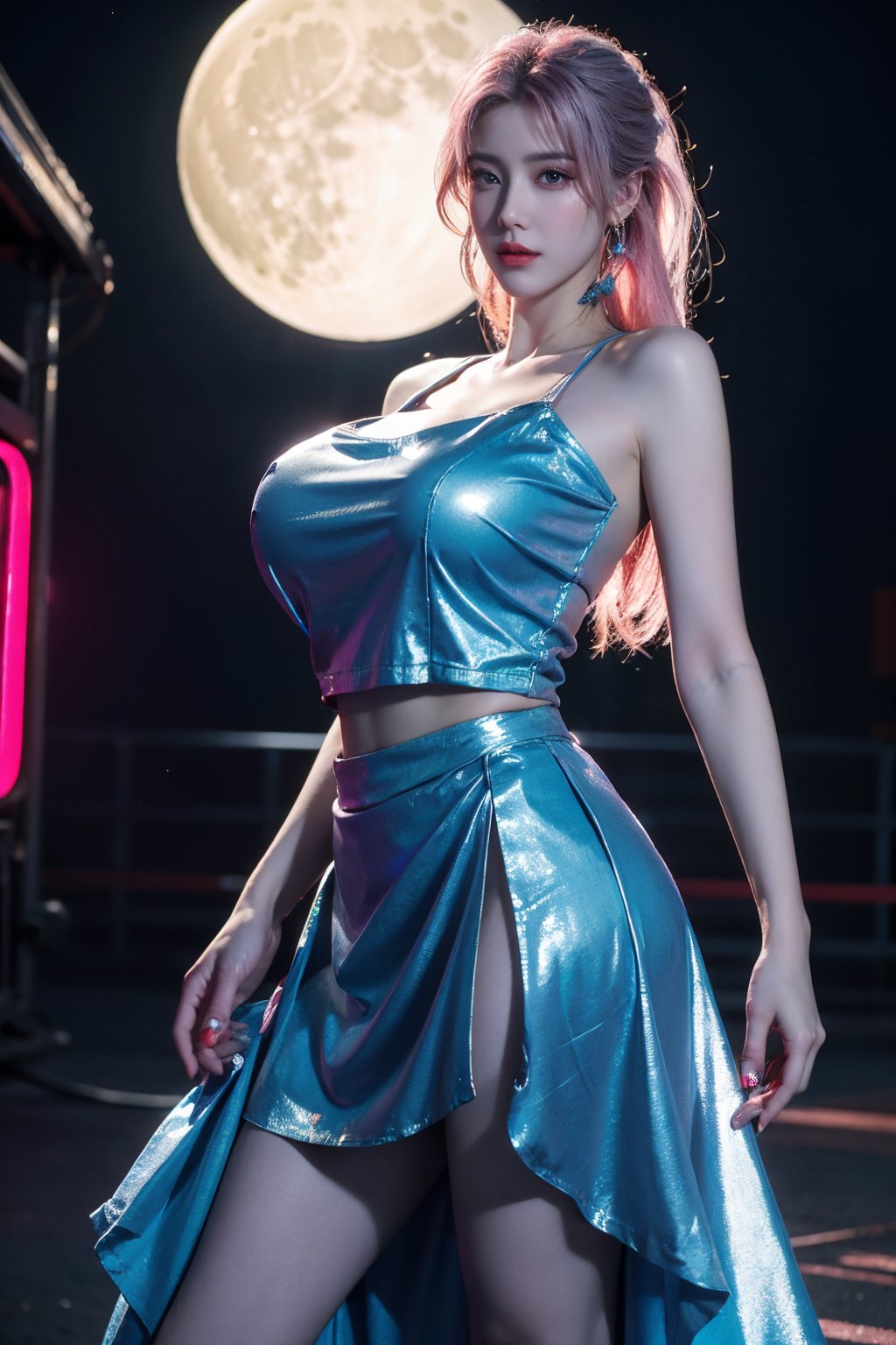 (masterpiece, best quality:1.3),Nights,(Cyberpunk:1.3), (neon lights:1.4), glowing earrings, realistic, pub,1girl, solo, looking at viewer, (Holographic light blue dress:1.29),realistic, midriff, bare shoulders, standting, hair ornament, pink hair, jewelry, Pleated Skirt, purple long skirt, cowboy shot,Xyunxiao, ,(huge breasts:1.5),(full moon:1.39)