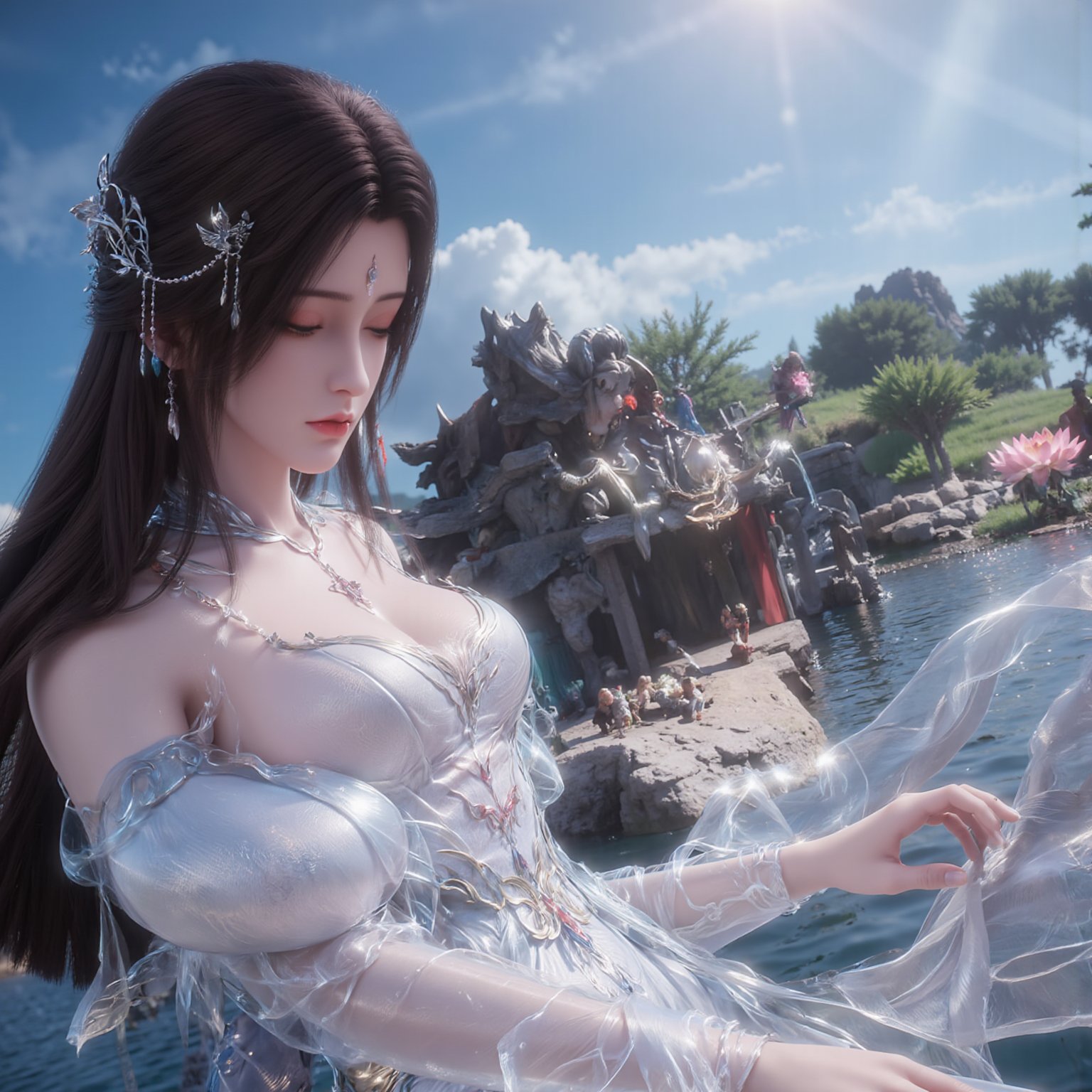 1girl, solo, long hair, brown hair, hair ornament, dress, sitting, upper body, white dress, facial mark, hand on own chest, forehead mark,Xhuolinger,Xyunxi,Xyunxiao,(Lotus, lotus pond, ancient Chinese architecture, blue sky and white clouds:1.29),