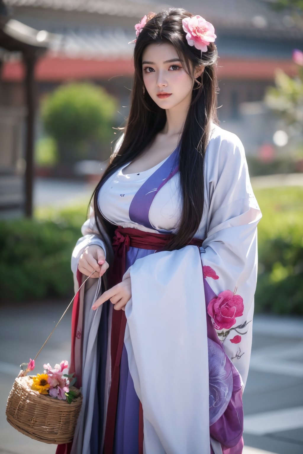 fenmo, fense, 1girl, black hair, flower, hair ornament, realistic, holding, hair flower, blurry, holding flower, chinese clothes, looking at viewer, hanfu, black eyes, basket, blurry background,hanfu,cho girl,(big breasts:1.5),gufeng,embroidered flower patterns