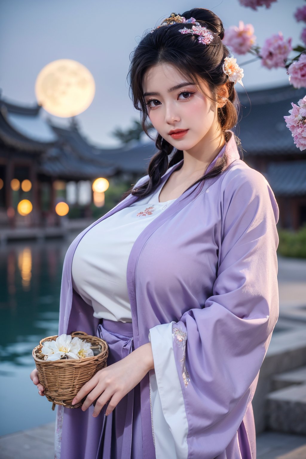  (masterpiece, best quality:1.3), 1girl, black hair, flower, hair ornament, realistic, holding, hair flower, blurry, holding flower, chinese clothes, looking at viewer, hanfu, black eyes, basket, blurry background,(light purple hanfu:1.23),(big breasts:1.56),(full moon:1.23)