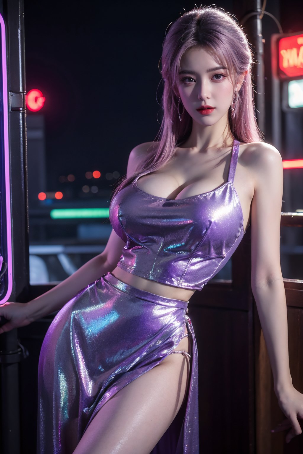 (masterpiece, best quality:1.3),Nights,(Cyberpunk:1.3), (neon lights:1.4), glowing earrings, realistic, pub,1girl, solo, looking at viewer, (Holographic color Dress:1.23),(light purple dress:1.29),Cyberpunk,realistic, midriff, bare shoulders, standting, hair ornament, pink hair, jewelry, Pleated Skirt, purple long skirt, cowboy shot,Xyunxiao, ,(big breasts:1.69),(full breasts:1.52)