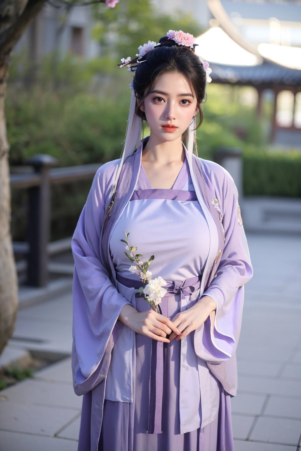 fenmo, fense, 1girl, black hair, flower, hair ornament, realistic, holding, hair flower, blurry, holding flower, chinese clothes, looking at viewer, (light purple hanfu:1.39), black eyes, basket, blurry background,hanfu,cho girl,(big breasts:1.53)