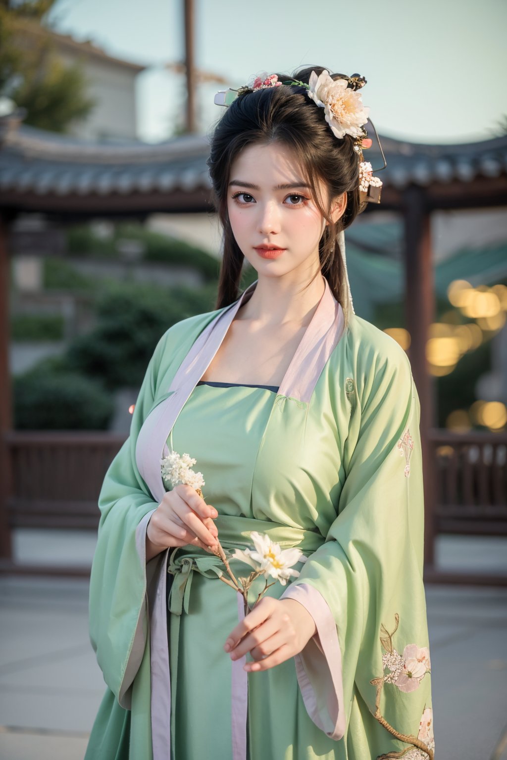 fenmo, fense, 1girl, black hair, flower, hair ornament, realistic, holding, hair flower, blurry, holding flower, chinese clothes, looking at viewer, (light green hanfu:1.39), black eyes, basket, blurry background,hanfu,cho girl,(big breasts:1.53)