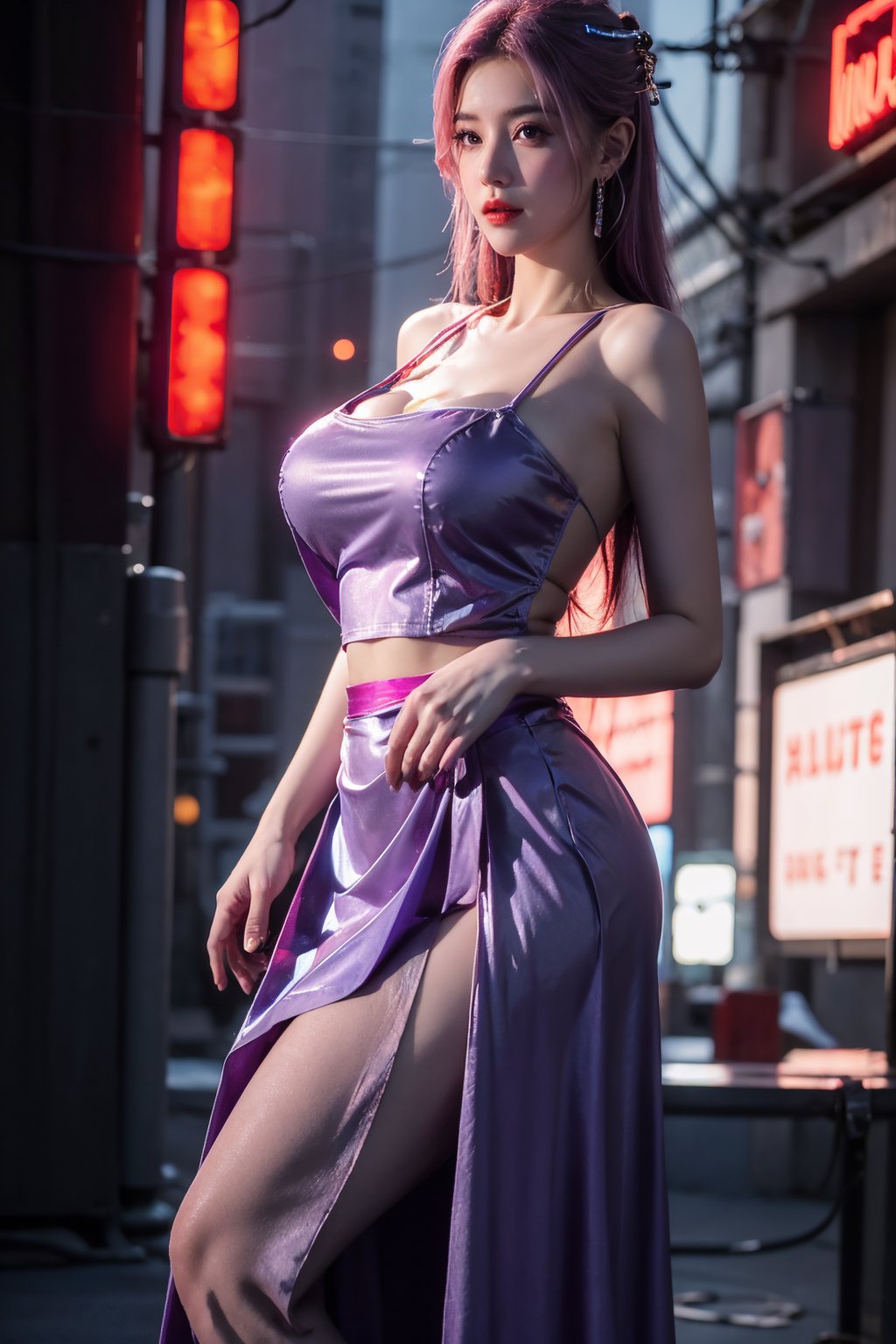 (masterpiece, best quality:1.3),Nights,(Cyberpunk:1.3), (neon lights:1.4), glowing earrings, realistic, pub,1girl, solo, looking at viewer, (Holographic color Dress:1.23),(light purple dress:1.29),realistic, midriff, bare shoulders, standting, hair ornament, pink hair, jewelry, Pleated Skirt, purple long skirt, cowboy shot,Xyunxiao, ,(huge breasts:1.5),(full breasts:1.52)