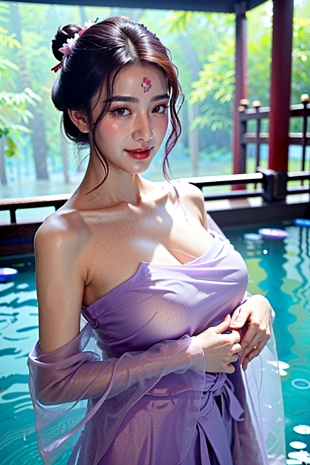 (((masterpiece))), (((best quality))), (((half body photo))), (((tangfengspabelle))), ((forehead floral mark)), ((partially submerged)), solo, 1girl, ((light purple collarbone see through hanfu:1.2)), hairclip, big tits, smile, (big breasts:1.52)