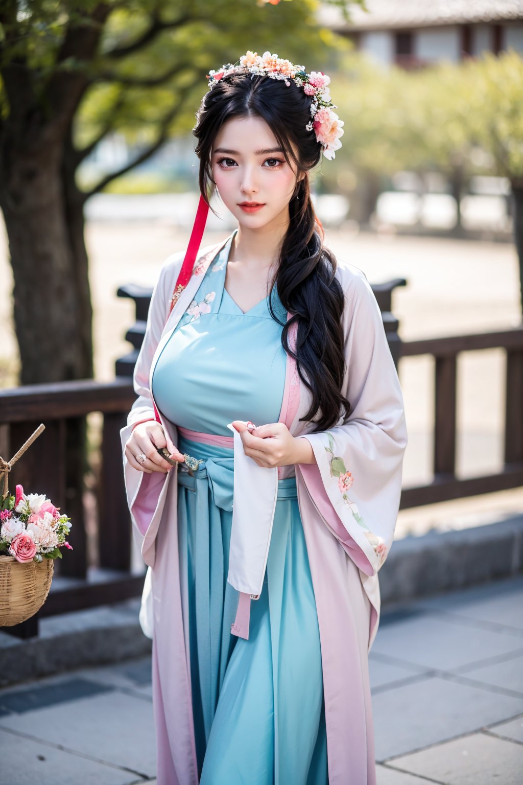 fenmo, fense, 1girl, black hair, flower, hair ornament, realistic, holding, hair flower, blurry, holding flower, chinese clothes, looking at viewer, hanfu, black eyes, basket, blurry background,hanfu,cho girl,(big breasts:1.39)