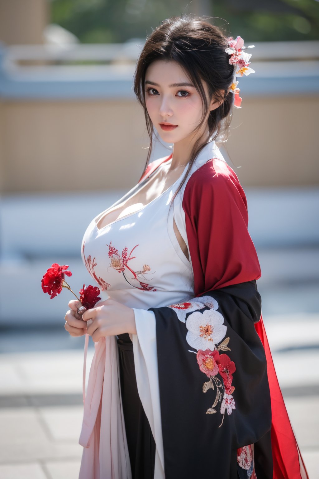 fenmo, fense, 1girl, black hair, flower, hair ornament, realistic, holding, hair flower, blurry, holding flower, chinese clothes, looking at viewer, hanfu, black eyes, basket, blurry background,hanfu,cho girl,(big breasts:1.56),gufeng,embroidered flower patterns