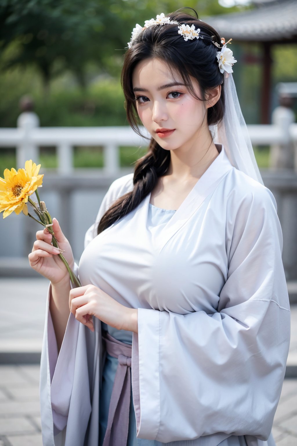 fenmo, fense, 1girl, black hair, flower, hair ornament, realistic, holding, hair flower, blurry, holding flower, chinese clothes, looking at viewer, hanfu, black eyes, basket, blurry background,hanfu,cho girl,(big breasts:1.5)