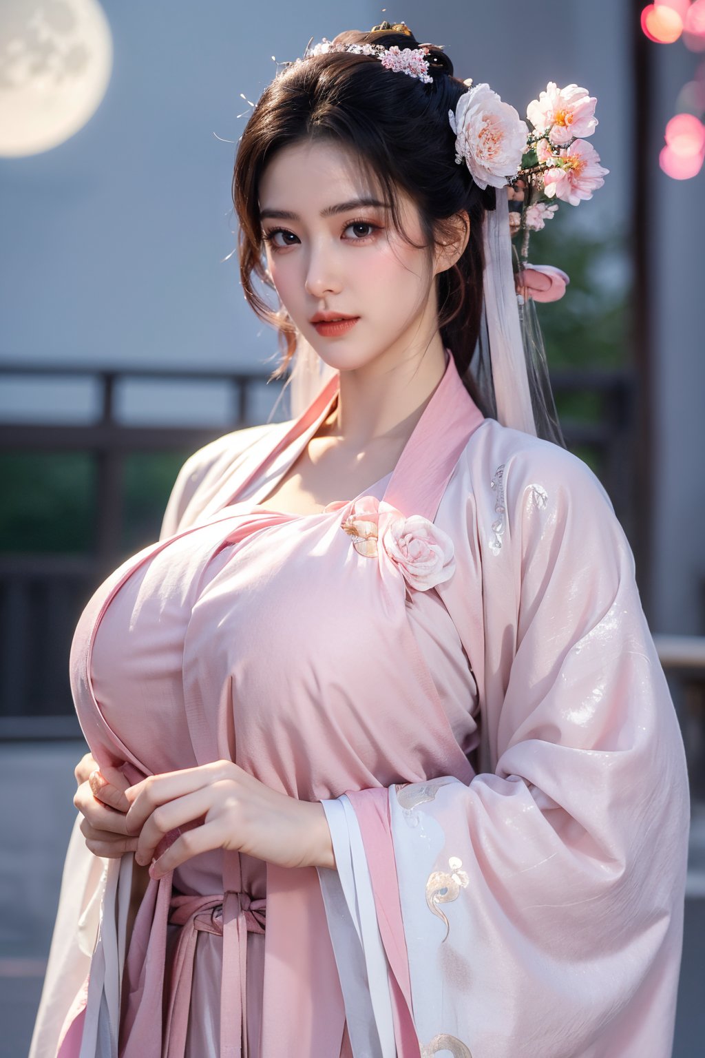  (masterpiece, best quality:1.3), 1girl, black hair, flower, hair ornament, realistic, holding, hair flower, blurry, holding flower, chinese clothes, looking at viewer, hanfu, black eyes, basket, blurry background,(pink-white hanfu:1.29),(big breasts:1.66),(full moon:1.23)