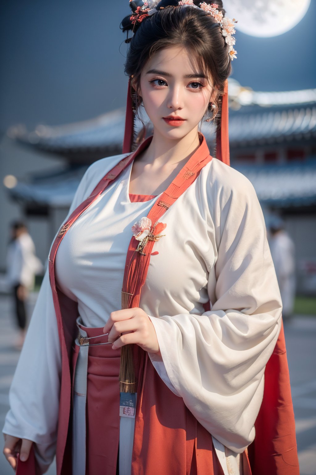  (masterpiece, best quality:1.3), 1girl, black hair, flower, hair ornament, realistic, holding, hair flower, blurry, holding flower, chinese clothes, looking at viewer, red hanfu, black eyes, basket, blurry background,(red hanfu:1.53),(big breasts:1.63),(full moon:1.29)