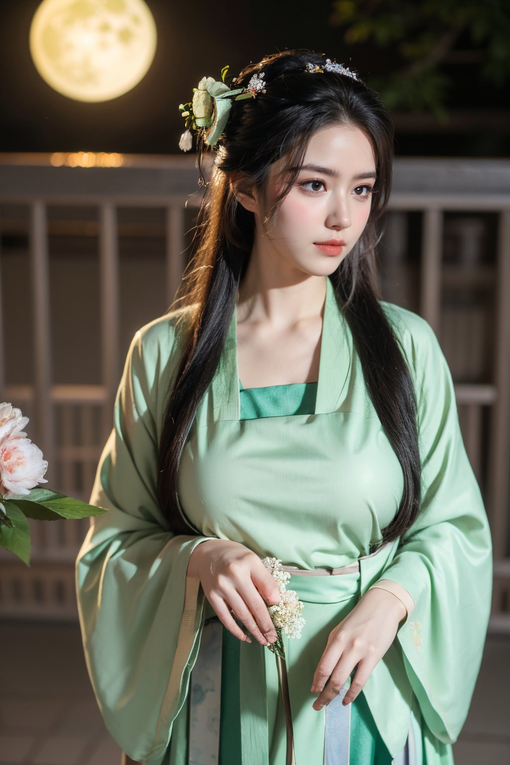  (masterpiece, best quality:1.3), 1girl, black hair, flower, hair ornament, realistic, holding, hair flower, blurry, holding flower, chinese clothes, looking at viewer, hanfu, black eyes, basket, blurry background,(light green hanfu:1.29),(big breasts:1.56),(full moon:1.23)