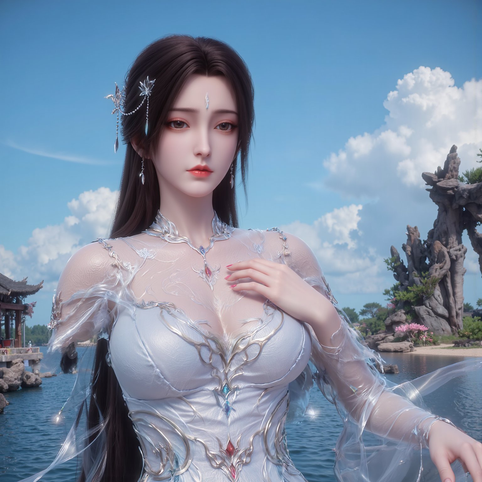 1girl, solo, long hair, brown hair, hair ornament, dress, sitting, upper body, white dress, facial mark, hand on own chest, forehead mark,Xhuolinger,Xyunxi,Xyunxiao,(Lotus, lotus pond, ancient Chinese architecture, blue sky and white clouds:1.29),