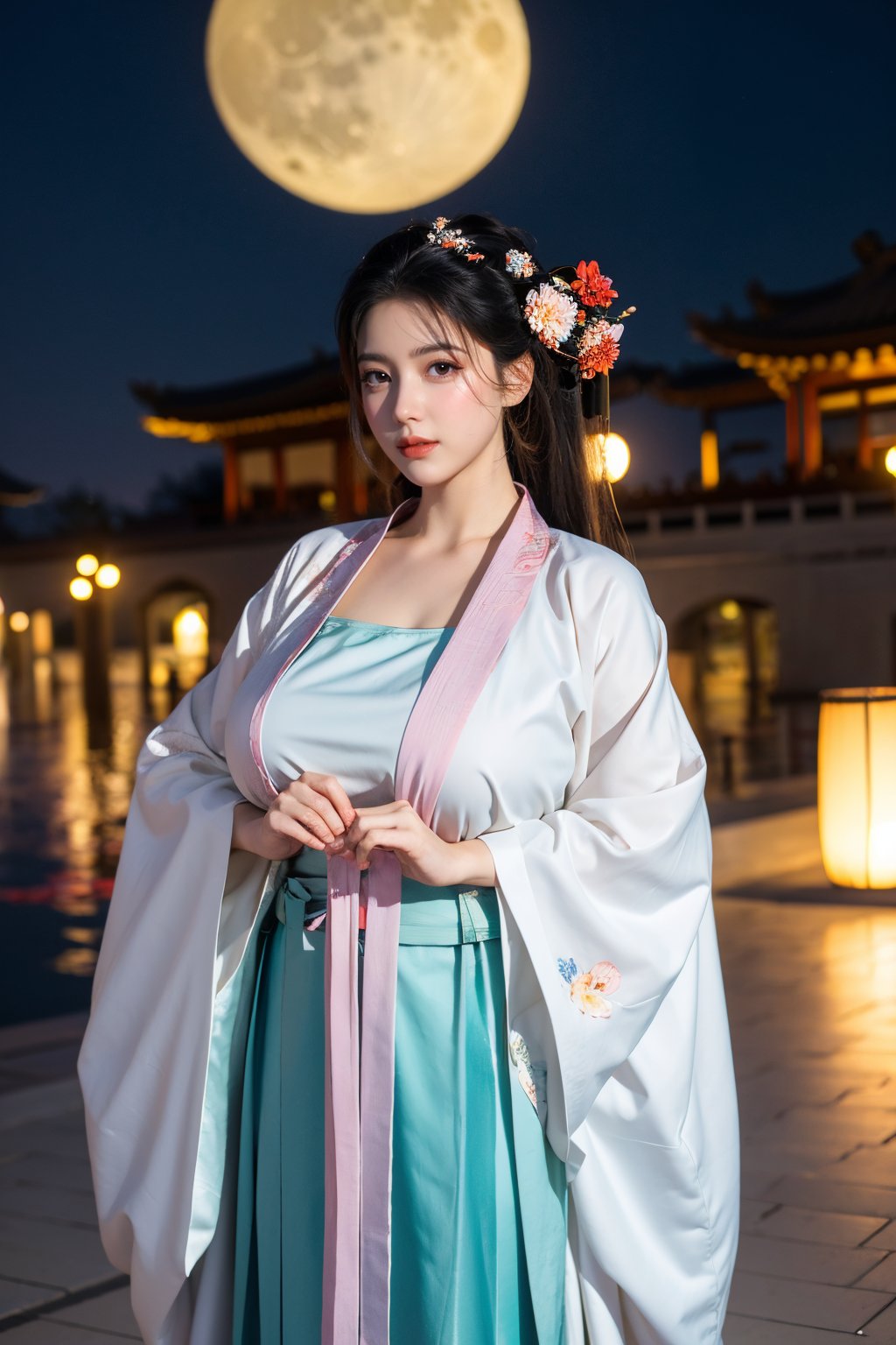  (masterpiece, best quality:1.3), 1girl, black hair, flower, hair ornament, realistic, holding, hair flower, blurry, holding flower, chinese clothes, looking at viewer, hanfu, black eyes, basket, blurry background,(red hanfu:1.29),(big breasts:1.63),(full moon:1.23)