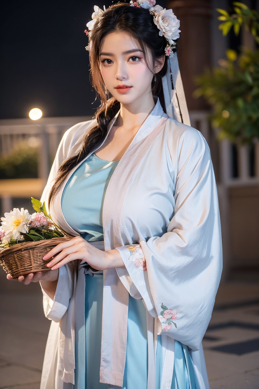  (masterpiece, best quality:1.3), 1girl, black hair, flower, hair ornament, realistic, holding, hair flower, blurry, holding flower, chinese clothes, looking at viewer, hanfu, black eyes, basket, blurry background,(white hanfu:1.29),(big breasts:1.59),(full moon:1.23)