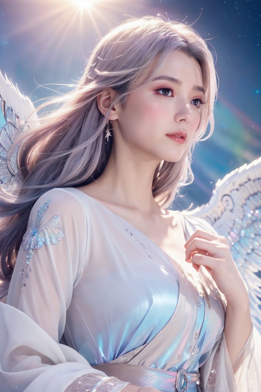 (masterpiece, best quality, CGI, official art:1.2), (stunning celestial being:1.3), (iridescent wings:1.4), shimmering silver hair, piercing sapphire eyes, gentle smile, (luminous aura:1.2), soft focus, whimsical atmosphere, serene emotion, dreamy tone, vibrant intensity, inspired by Hayao Miyazaki's style, ethereal aesthetic, pastel colors with (soft pink accents:1.1), warm mood, soft golden lighting, diagonal shot, looking up in wonder, surrounded by (delicate clouds:1.1) and (shimmering stardust:1.2), focal point on the being's face, intricate textures on wings and clothes, highly realistic fabric texture, atmospheric mist effect, high image complexity, detailed environment, subtle movement of wings, dynamic energy.,Xyunxiao