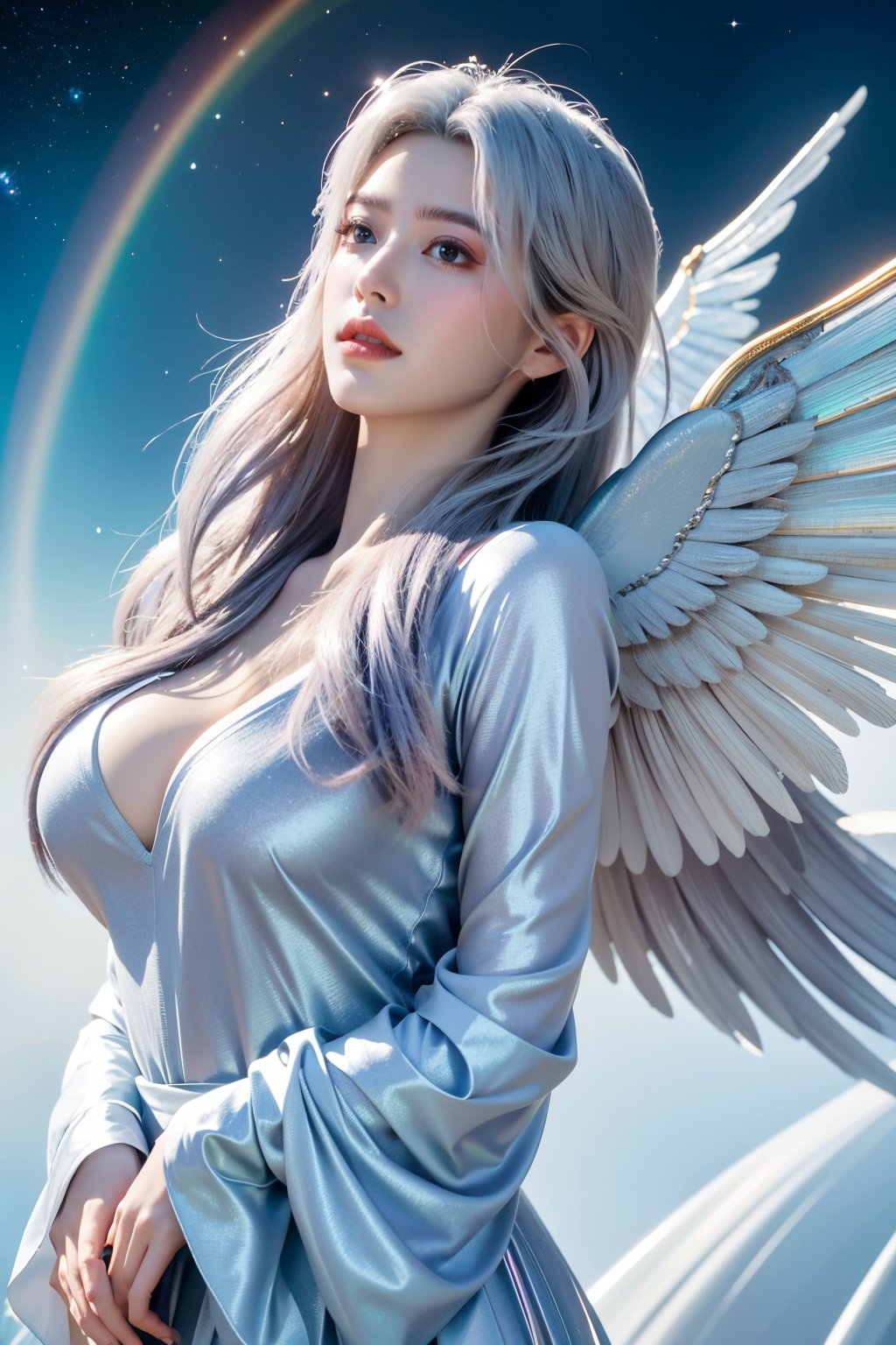 (masterpiece, best quality, CGI, official art:1.2), (stunning celestial being:1.3), (iridescent wings:1.4), shimmering silver hair, piercing sapphire eyes, gentle smile, (luminous aura:1.2), soft focus, whimsical atmosphere, serene emotion, dreamy tone, vibrant intensity, inspired by Hayao Miyazaki's style, ethereal aesthetic, pastel colors with (soft pink accents:1.1), warm mood, soft golden lighting, diagonal shot, looking up in wonder, surrounded by (delicate clouds:1.1) and (shimmering stardust:1.2),(big breasts:1.36), focal point on the being's face, intricate textures on wings and clothes, highly realistic fabric texture, atmospheric mist effect, high image complexity, detailed environment, subtle movement of wings, dynamic energy.,Xyunxiao