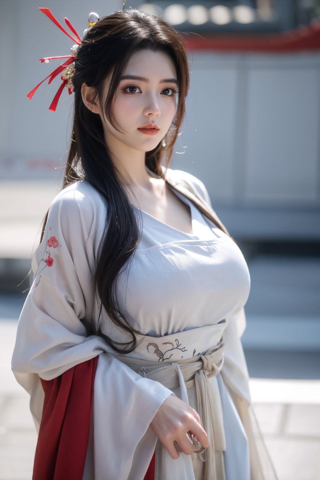 fenmo, fense, 1girl, black hair, flower, hair ornament, realistic, holding, hair flower, blurry, holding flower, chinese clothes, looking at viewer, (red hanfu:1.39), black eyes, basket, blurry background,hanfu,cho girl,(big breasts:1.56),gufeng,embroidered flower patterns