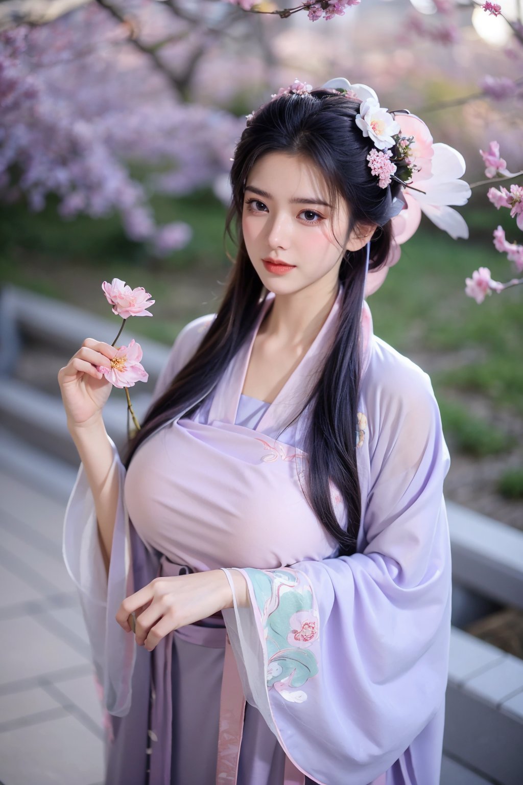 fenmo, fense, 1girl, black hair, flower, hair ornament, realistic, holding, hair flower, blurry, holding flower, chinese clothes, looking at viewer, (light purple-pink hanfu:1.39), black eyes, basket, blurry background,hanfu,cho girl,(big breasts:1.66)