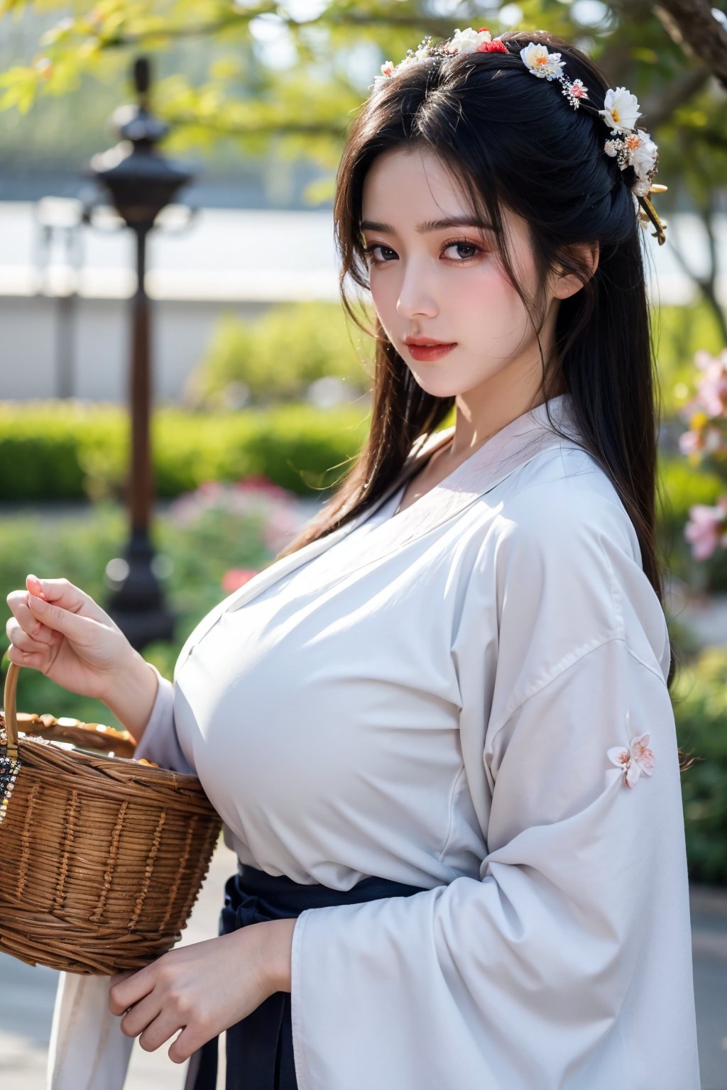 fenmo, fense, 1girl, black hair, flower, hair ornament, realistic, holding, hair flower, blurry, holding flower, chinese clothes, looking at viewer, hanfu, black eyes, basket, blurry background,hanfu,cho girl,(big breasts:1.5)