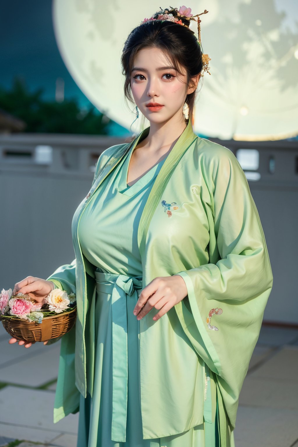  (masterpiece, best quality:1.3), 1girl, black hair, flower, hair ornament, realistic, holding, hair flower, blurry, holding flower, chinese clothes, looking at viewer, green hanfu, black eyes, basket, blurry background,(light green hanfu:1.36),(big breasts:1.63),(full moon:1.29)