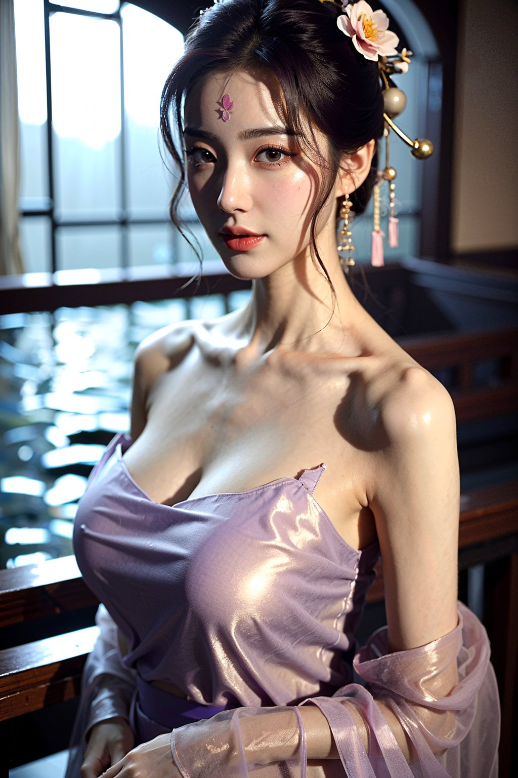 (((masterpiece))), (((best quality))), (((half body photo))), (((tangfengspabelle))), ((forehead floral mark)), ((partially submerged)), solo, 1girl, ((light purple collarbone see through hanfu:1.2)), hairclip, big tits, smile, (big breasts:1.39)