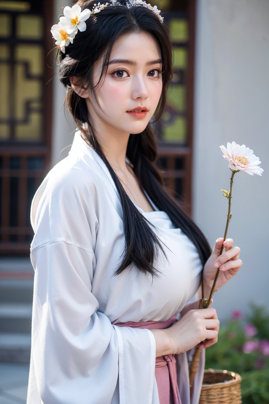 fenmo, fense, 1girl, black hair, flower, hair ornament, realistic, holding, hair flower, blurry, holding flower, chinese clothes, looking at viewer, hanfu, black eyes, basket, blurry background,hanfu,cho girl,(big breasts:1.39)