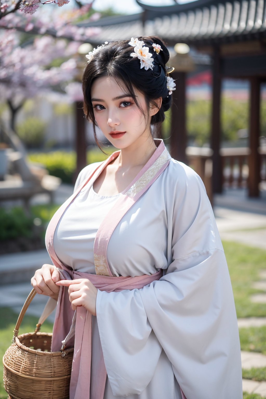 fenmo, fense, 1girl, black hair, flower, hair ornament, realistic, holding, hair flower, blurry, holding flower, chinese clothes, looking at viewer, hanfu, black eyes, basket, blurry background,hanfu,cho girl,(big breasts:1.5)