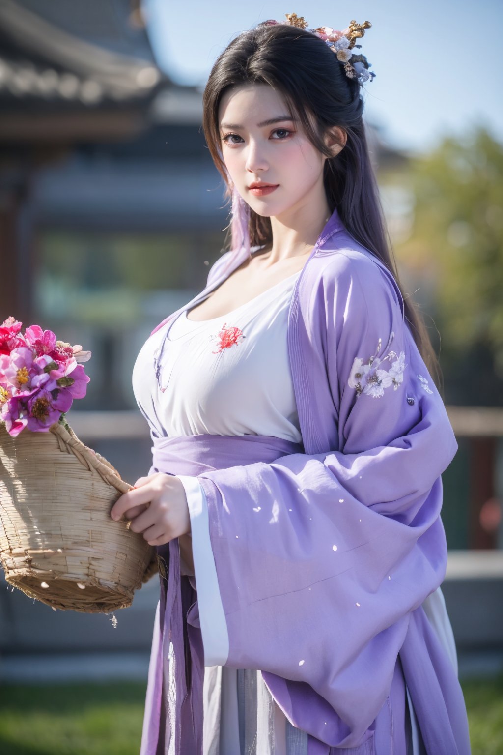 fenmo, fense, 1girl, black hair, flower, hair ornament, realistic, holding, hair flower, blurry, holding flower, chinese clothes, looking at viewer, (light purple hanfu:1.39), black eyes, basket, blurry background,hanfu,cho girl,(big breasts:1.59),gufeng,embroidered flower patterns