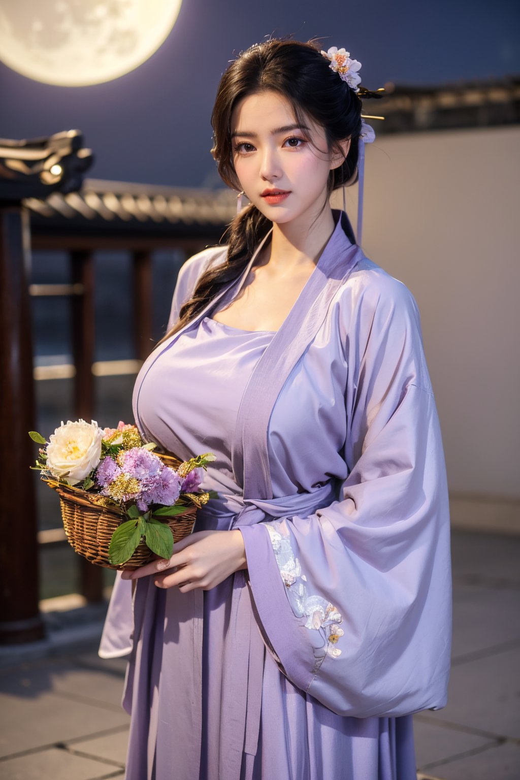  (masterpiece, best quality:1.3), 1girl, black hair, flower, hair ornament, realistic, holding, hair flower, blurry, holding flower, chinese clothes, looking at viewer, hanfu, black eyes, basket, blurry background,(light purple hanfu:1.23),(big breasts:1.56),(full moon:1.23)