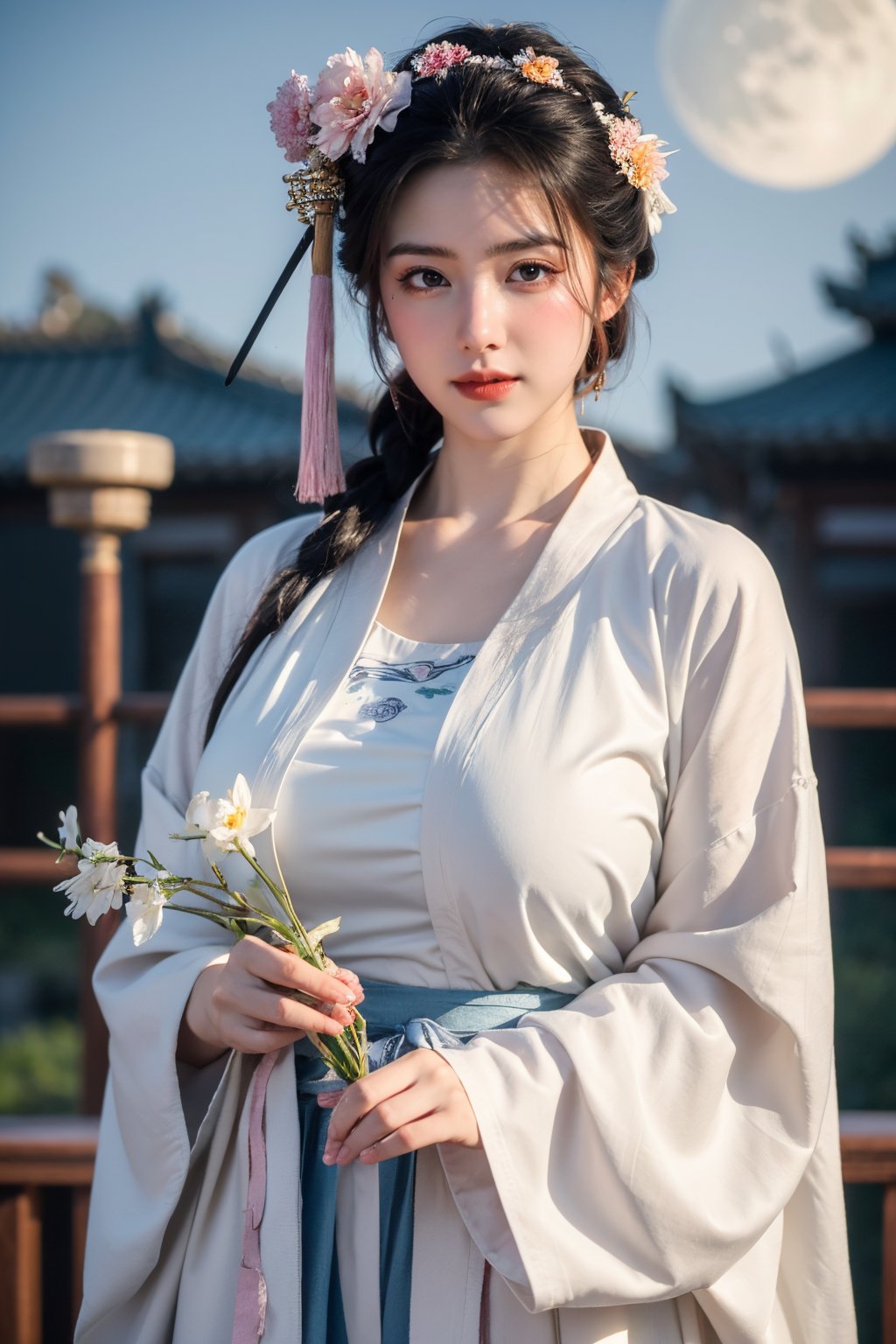  (masterpiece, best quality:1.3), 1girl, black hair, flower, hair ornament, realistic, holding, hair flower, blurry, holding flower, chinese clothes, looking at viewer, hanfu, black eyes, basket, blurry background,hanfu,cho girl,(big breasts:1.52),(full moon:1.23)