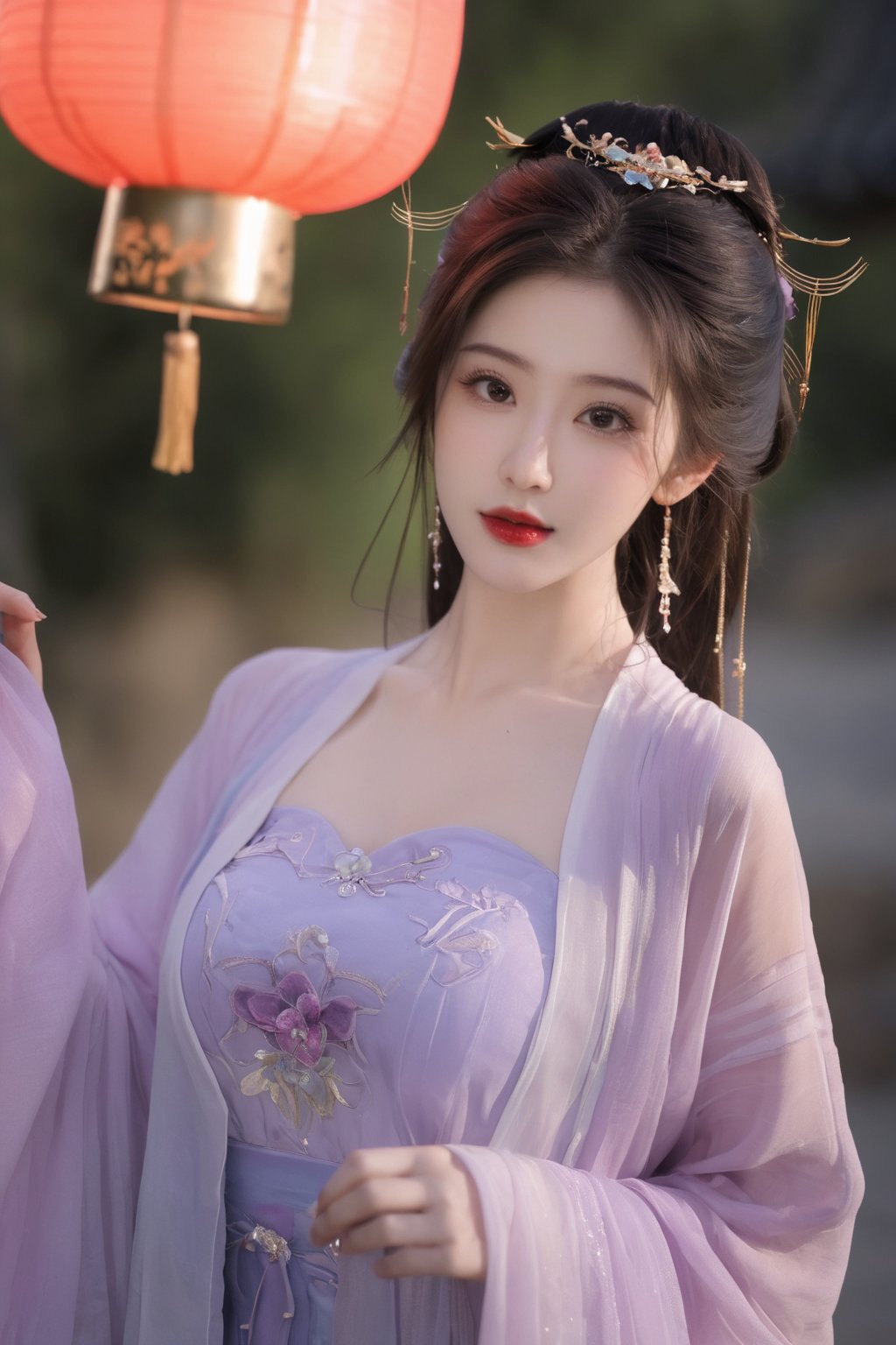  (masterpiece, best quality:1.2),1girl, navel, solo, midriff, bare shoulders, lantern, hair ornament, flower, hair flower, paper lantern, black hair, red lips, looking at viewer, chinese clothes, (light purple-green-blue dress:1.23), purple eyes,blurry, solo focus, long hair, lips, night, lipstick, outdoors, upper body, blurry,(huge breasts:2.34), background, solo, makeup, hair bun,Xyunluo,Xningyudie