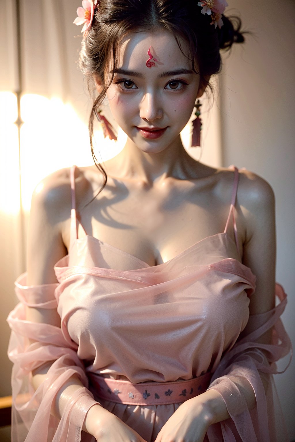 (((masterpiece))), (((best quality))), (((half body photo))), (((tangfengspabelle))), ((forehead floral mark)), ((partially submerged)), solo, 1girl, ((light pink collarbone see through hanfu:1.2)), hairclip, big tits, smile, (big breasts:1.39)