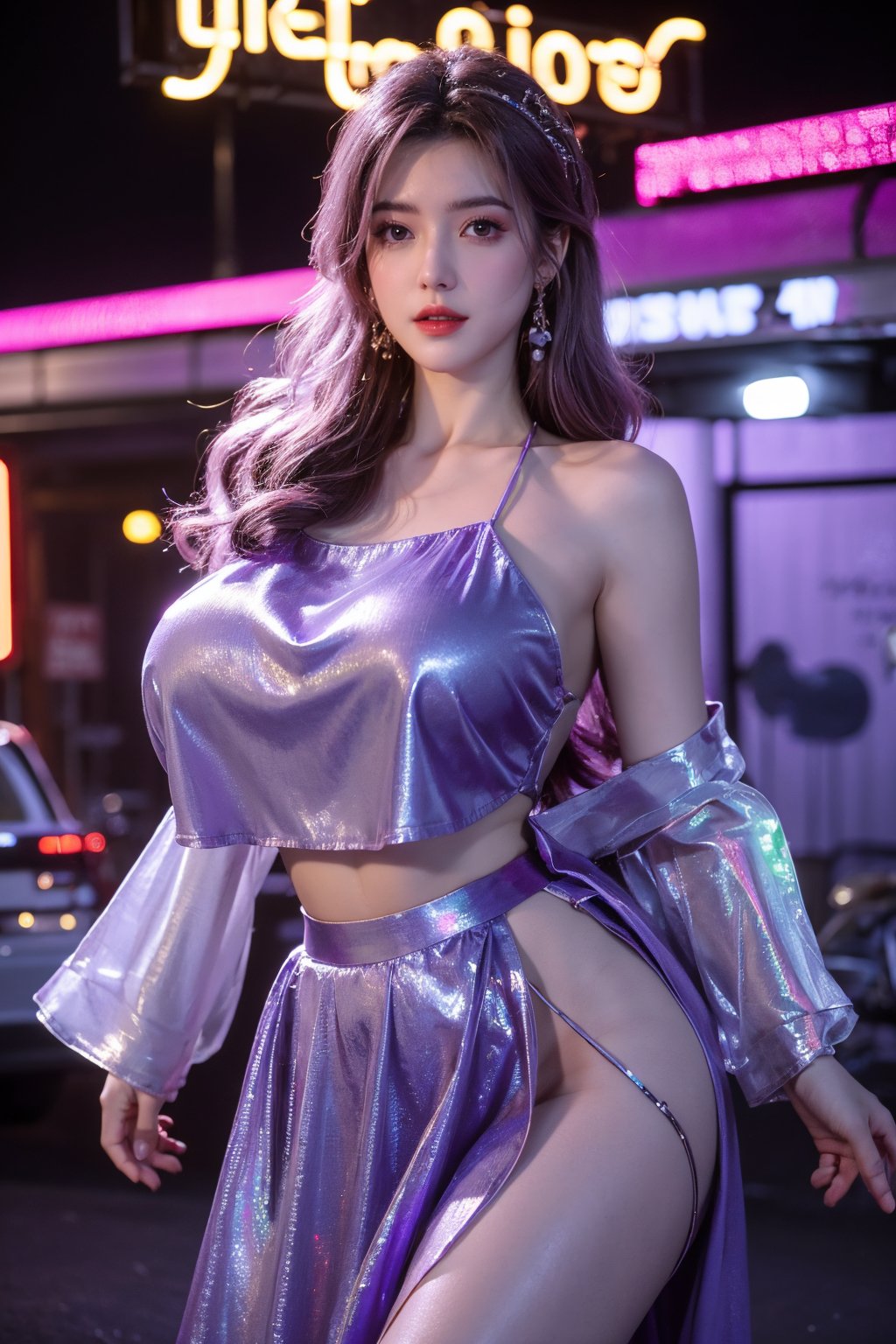 (masterpiece, best quality:1.3),Nights,( parties:1.3), (neon lights:1.4),( lively:1.3), glowing earrings, realistic, pub,1girl, solo, looking at viewer, (Holographic light purple dress:1.29),realistic, midriff, bare shoulders, standting, hair ornament, pink hair, jewelry, brown hair, parted lips, Pleated Skirt, purple skirt, cowboy shot,Xyunxiao, ,(huge breasts:1.5), 