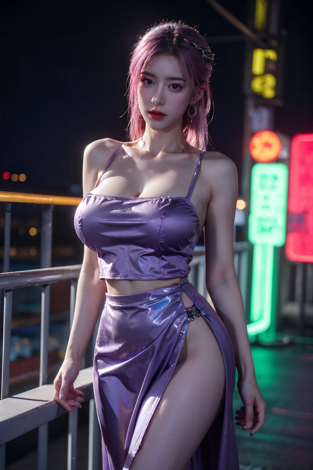 (masterpiece, best quality:1.3),Nights,(Cyberpunk:1.3), (neon lights:1.4), glowing earrings, realistic, pub,1girl, solo, looking at viewer, (Holographic color Dress:1.23),(light purple dress:1.29),Cyberpunk,realistic, midriff, bare shoulders, standting, hair ornament, pink hair, jewelry, Pleated Skirt, purple long skirt, cowboy shot,Xyunxiao, ,(big breasts:1.69),(full breasts:1.52)