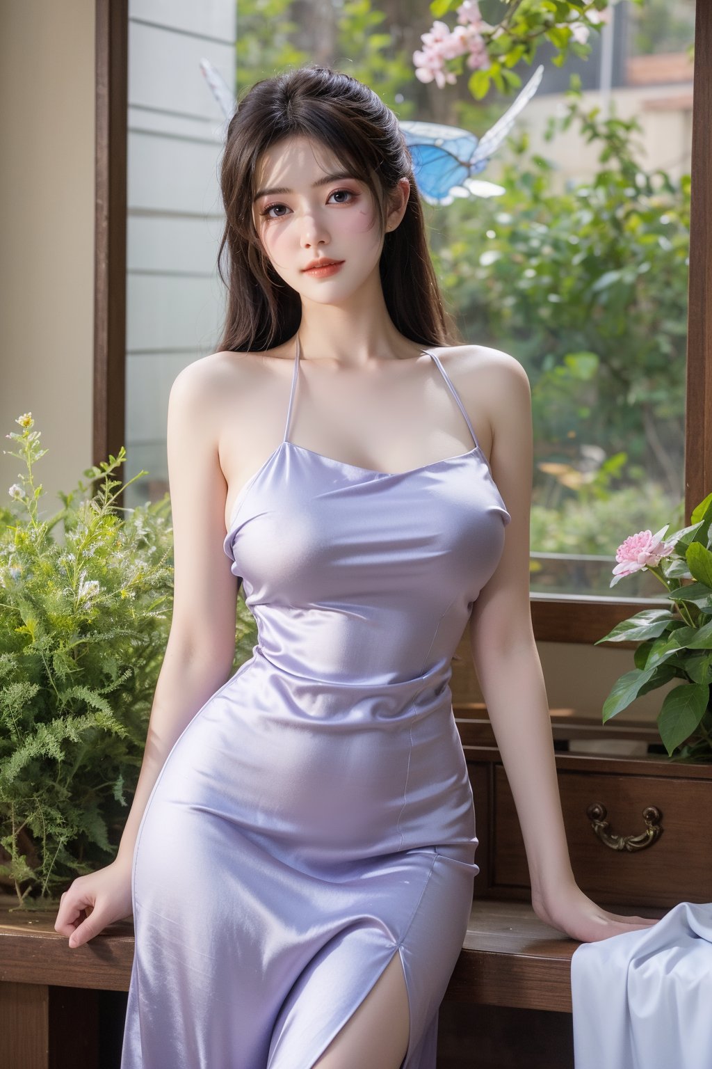 (masterpiece, best quality:1.2), highres, extremely detailed, 1girl,(light purple silk dress:1.23),looking at viewer,indoors, Xyunxiao,Yunxiao_Fairy, (big breasts:1.58),Depth of field,garden of the sun,shiny,flowers, garden, 1girl, (butterfly style, butterflies:1.1), ultra detailed, glary,Light, light particles,glitter,reflect,