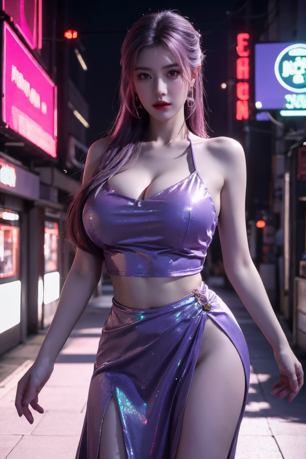 (masterpiece, best quality:1.3),Nights,(Cyberpunk:1.3), (neon lights:1.4), glowing earrings, realistic, pub,1girl, solo, looking at viewer, (Holographic light purple dress:1.29),realistic, midriff, bare shoulders, standting, hair ornament, pink hair, jewelry, Pleated Skirt, purple long skirt, cowboy shot,Xyunxiao, ,(big breasts:1.69),(full breasts:1.52)