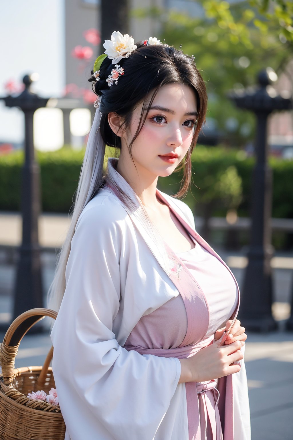 fenmo, fense, 1girl, black hair, flower, hair ornament, realistic, holding, hair flower, blurry, holding flower, chinese clothes, looking at viewer, hanfu, black eyes, basket, blurry background,hanfu,cho girl,(big breasts:1.39)