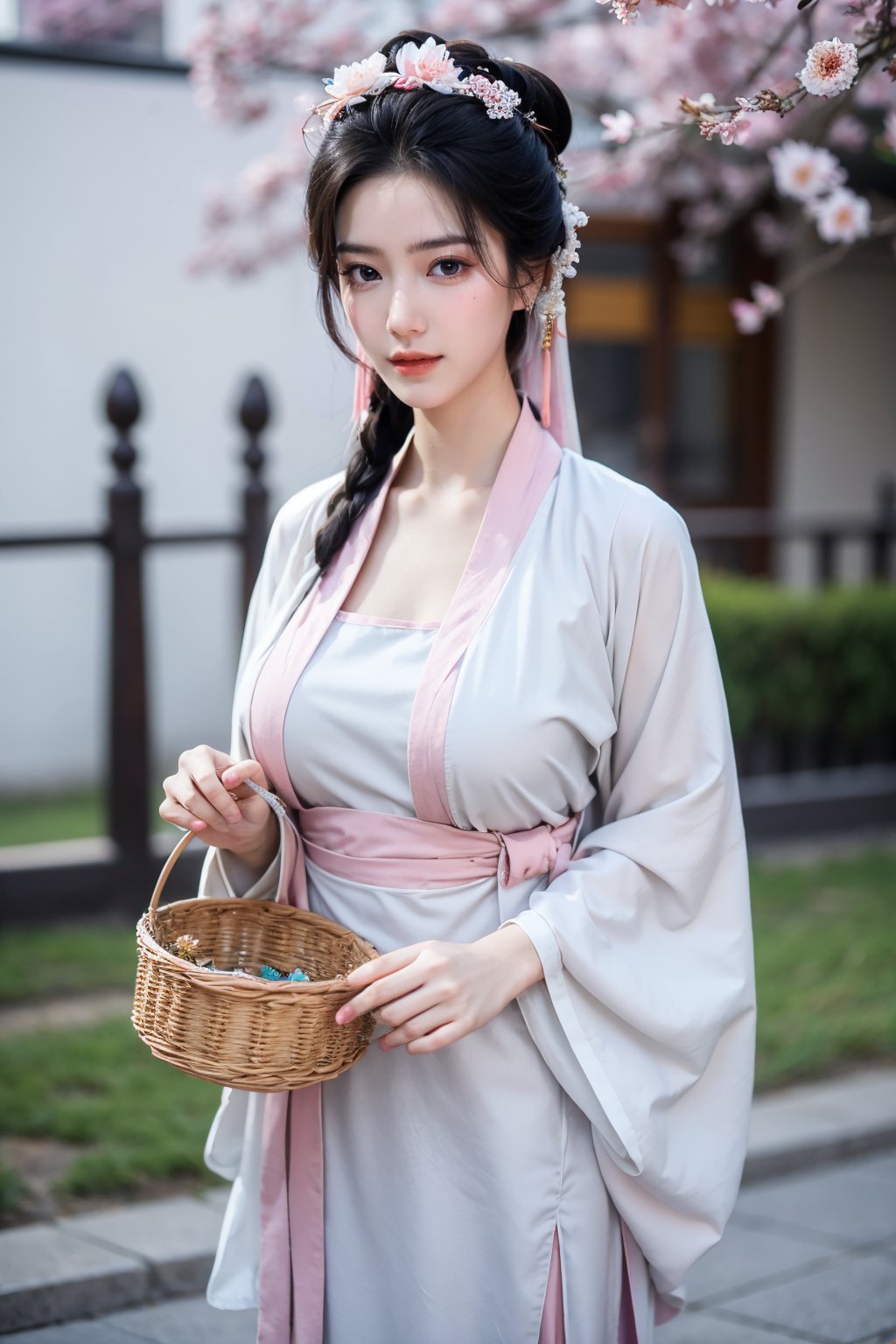 fenmo, fense, 1girl, black hair, flower, hair ornament, realistic, holding, hair flower, blurry, holding flower, chinese clothes, looking at viewer, hanfu, black eyes, basket, blurry background,hanfu,cho girl,(big breasts:1.39)